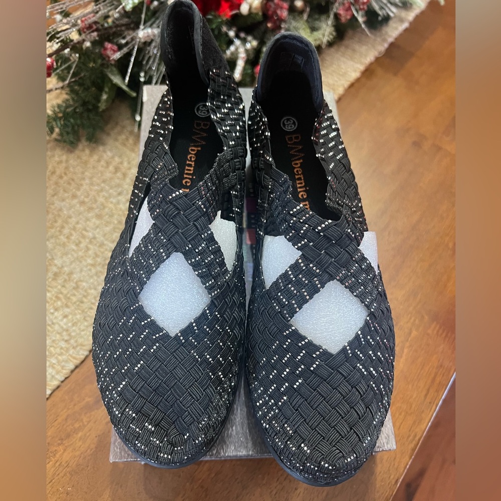 bernie mev. Black and Silver Woven Loafers